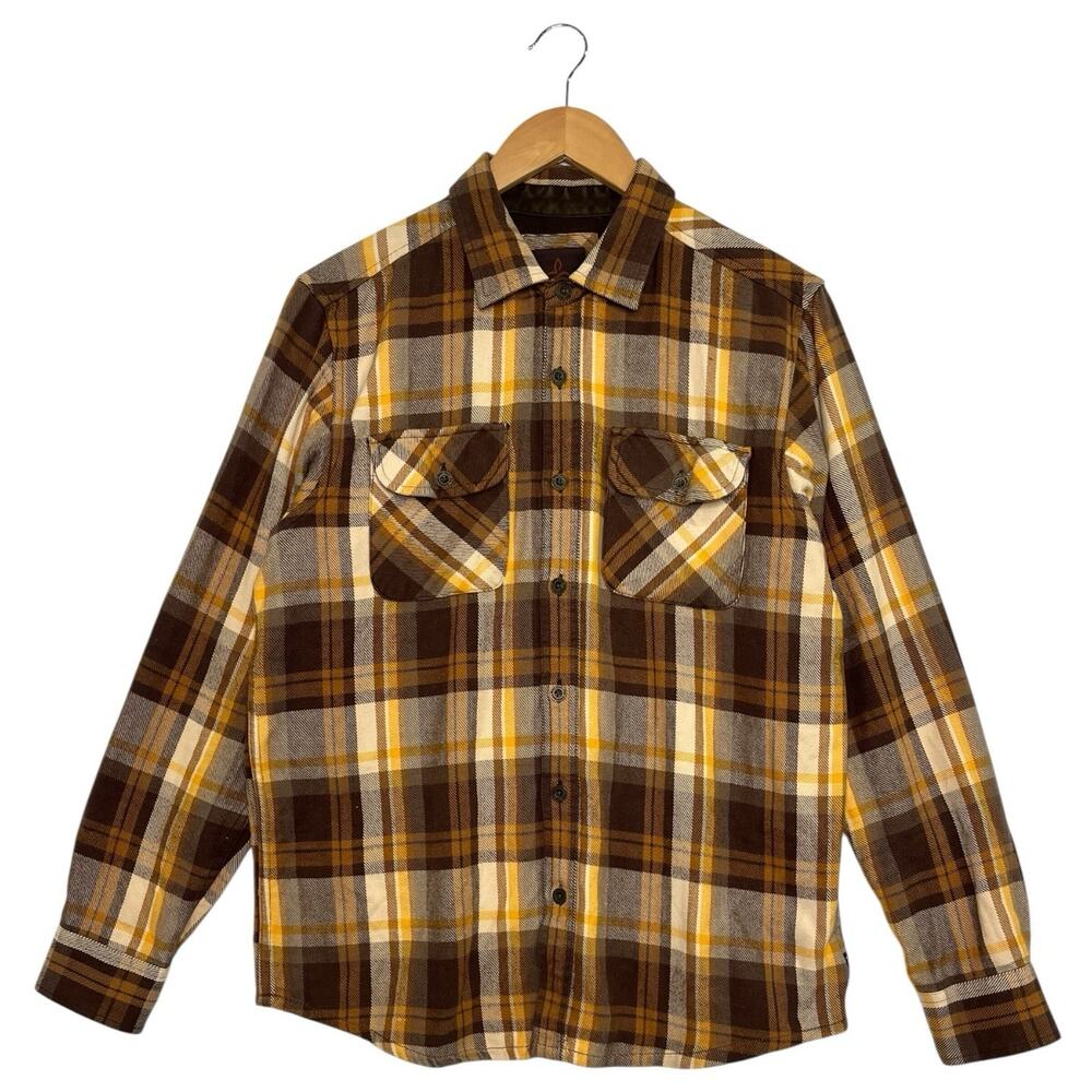 prAna Shirt Mens Small Brown Yellow Flannel Plaid Outdoor Hiking Rustic Casual